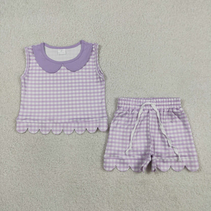 Sibling Baby Girls Kids Sleeveless Scallop Shirts Pockets Shorts Plaid Sets Clothes