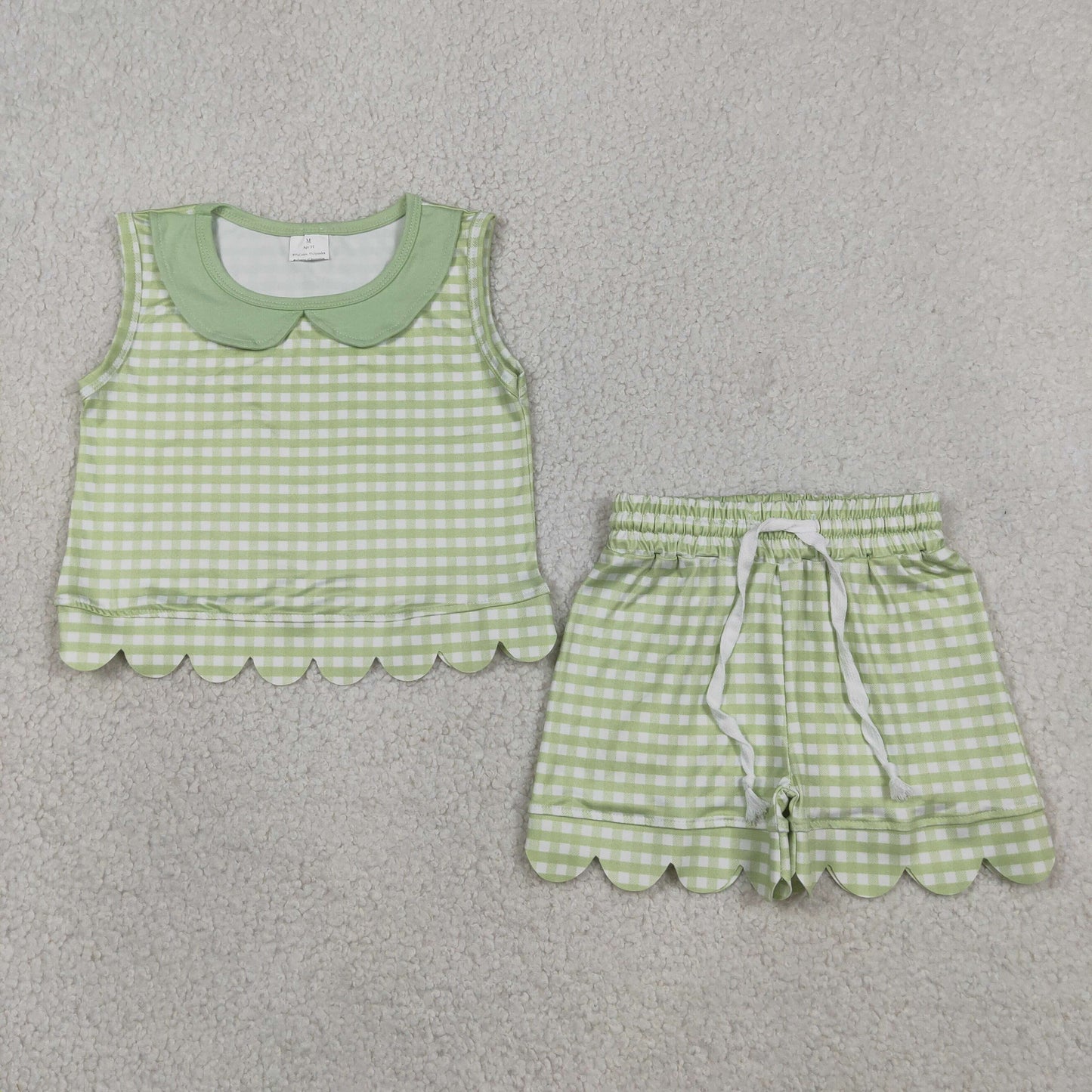 Sibling Baby Girls Kids Sleeveless Scallop Shirts Pockets Shorts Plaid Sets Clothes