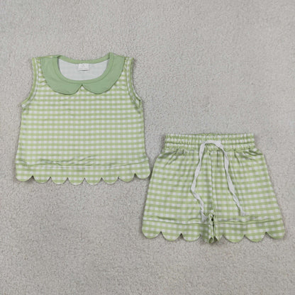 Sibling Baby Girls Kids Sleeveless Scallop Shirts Pockets Shorts Plaid Sets Clothes