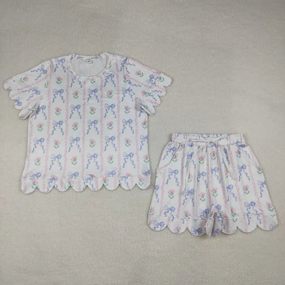 Sibling Baby Girls Adult Women Short Sleeves Flower Shirts Shorts Scallop Sets Summer Clothes