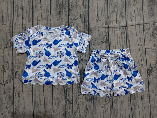 Preorder Baby Girls Kids Short Sleeves Blue Bows Cheer Shirt Scallop Shorts Team Set