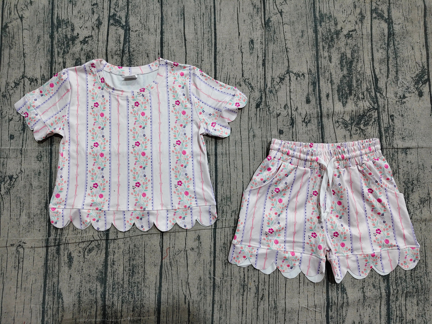 Preorder Baby Girls Kids Short Sleeves Floral Pink Shirt Scallop Shorts Summer Set