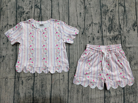 Preorder Baby Girls Kids Short Sleeves Floral Pink Shirt Scallop Shorts Summer Set