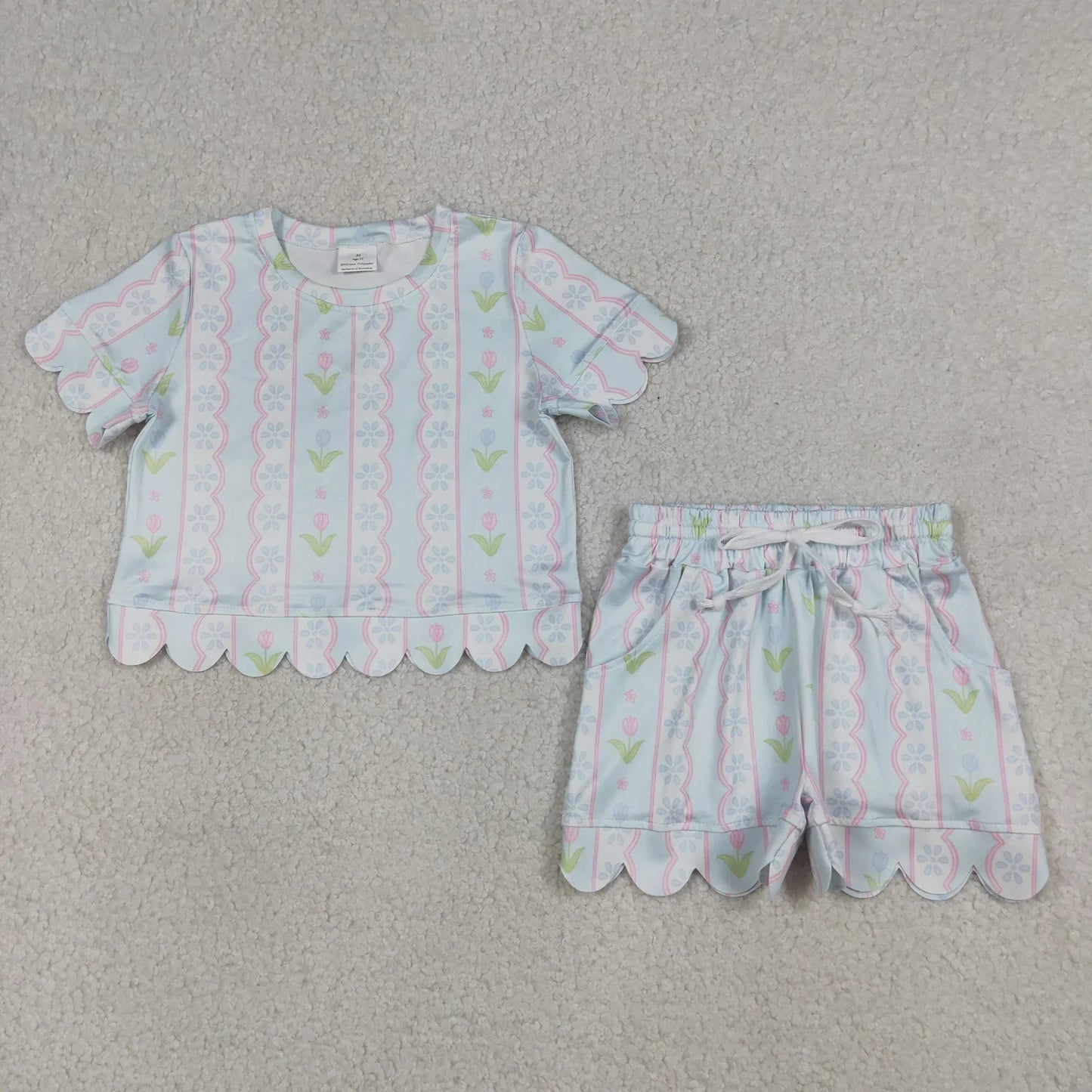 Sibling Baby Girls Kids Short Sleeves Flower Scallop Shirts Shorts Summer Sets Clothes