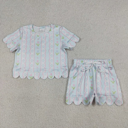 Sibling Baby Girls Kids Short Sleeves Flower Scallop Shirts Shorts Summer Sets Clothes