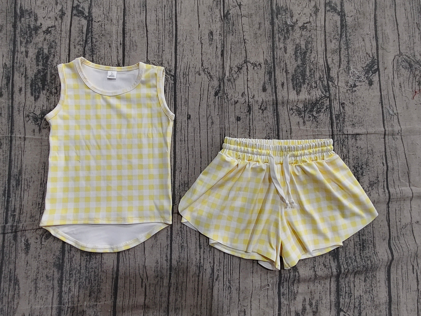 Preorder Baby Girls Kids Sleeveless Yellow Plaid Tops Shorts Set Yoga Clothes