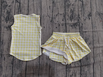 Preorder Baby Girls Kids Sleeveless Yellow Plaid Tops Shorts Set Yoga Clothes