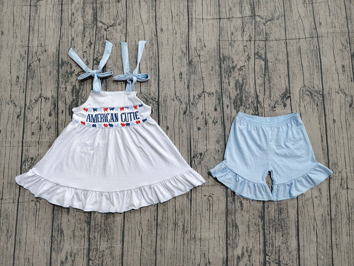 Preorder Baby Girls Kids Embroidery American Cutie Tunic Blue Ruffle Shorts 4th of July Set