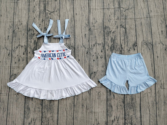 Preorder Baby Girls Kids Embroidery American Cutie Tunic Blue Ruffle Shorts 4th of July Set