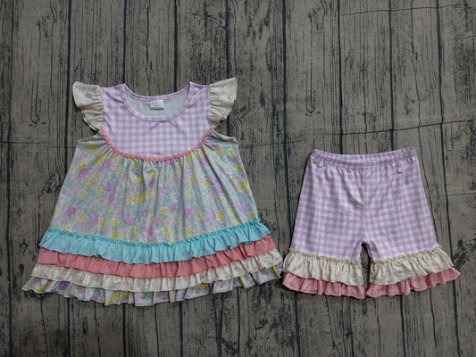 Preorder Baby Girls Kids Short Sleeves Flower Ruffle Tunic Plaid Shorts Set Clothes