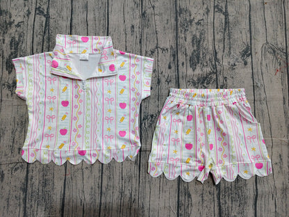 Preorder Baby Girls Pencil Flower Bows Zipper Shirt Scallop Shorts Set Back to School Clothes