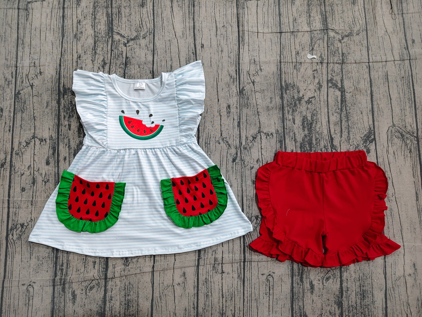 Preorder Baby Girls Kids Embroidery Watermelon Pockets Stripes Tunic Red Shorts Set Clothes