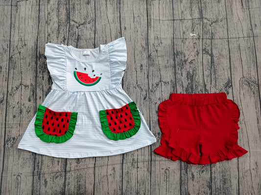 Preorder Baby Girls Kids Embroidery Watermelon Pockets Stripes Tunic Red Shorts Set Clothes