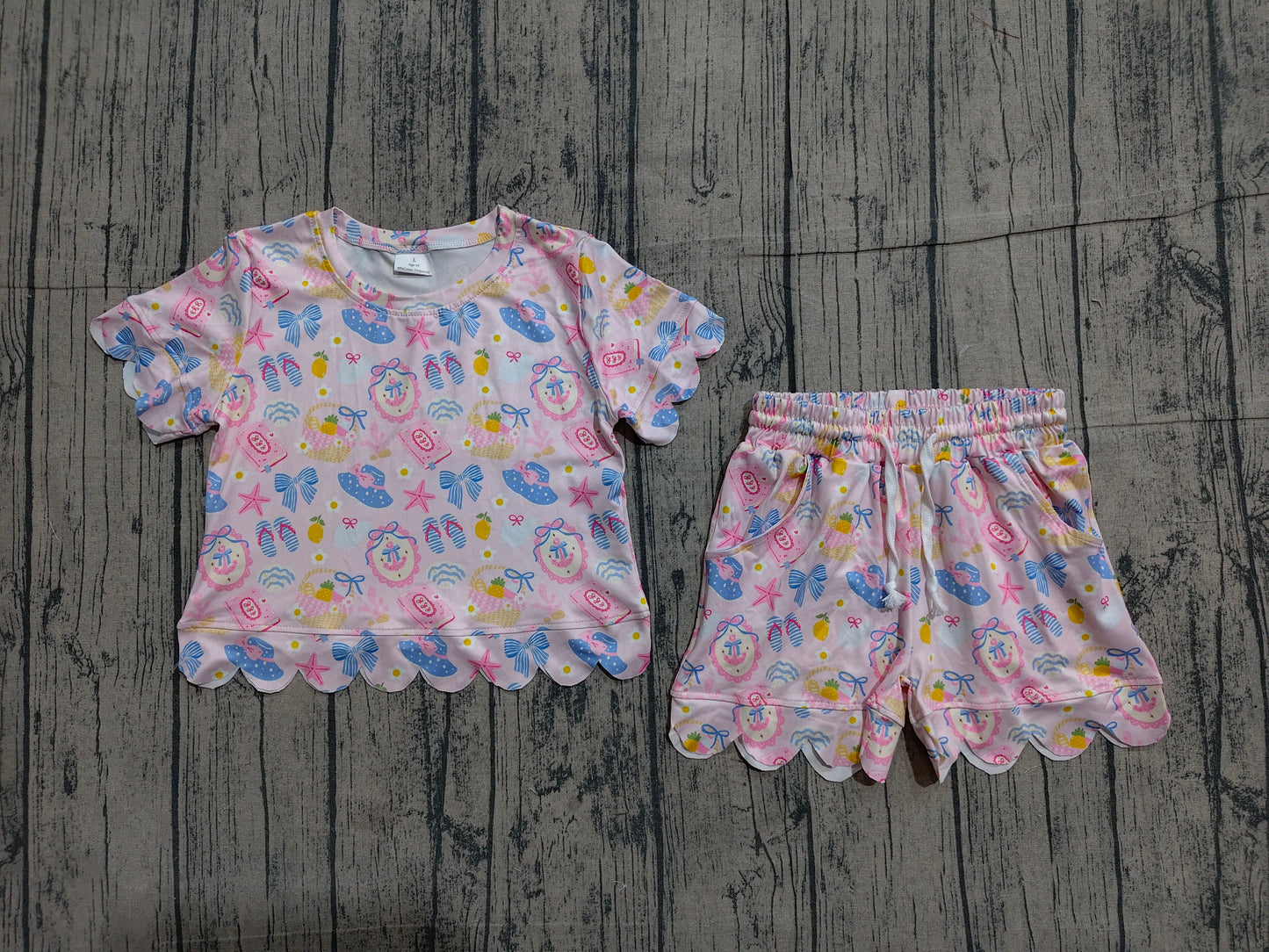 Preorder Baby Girl Kids Short Sleeves Bows Shirt Shorts Scallop Set Summer Clothes