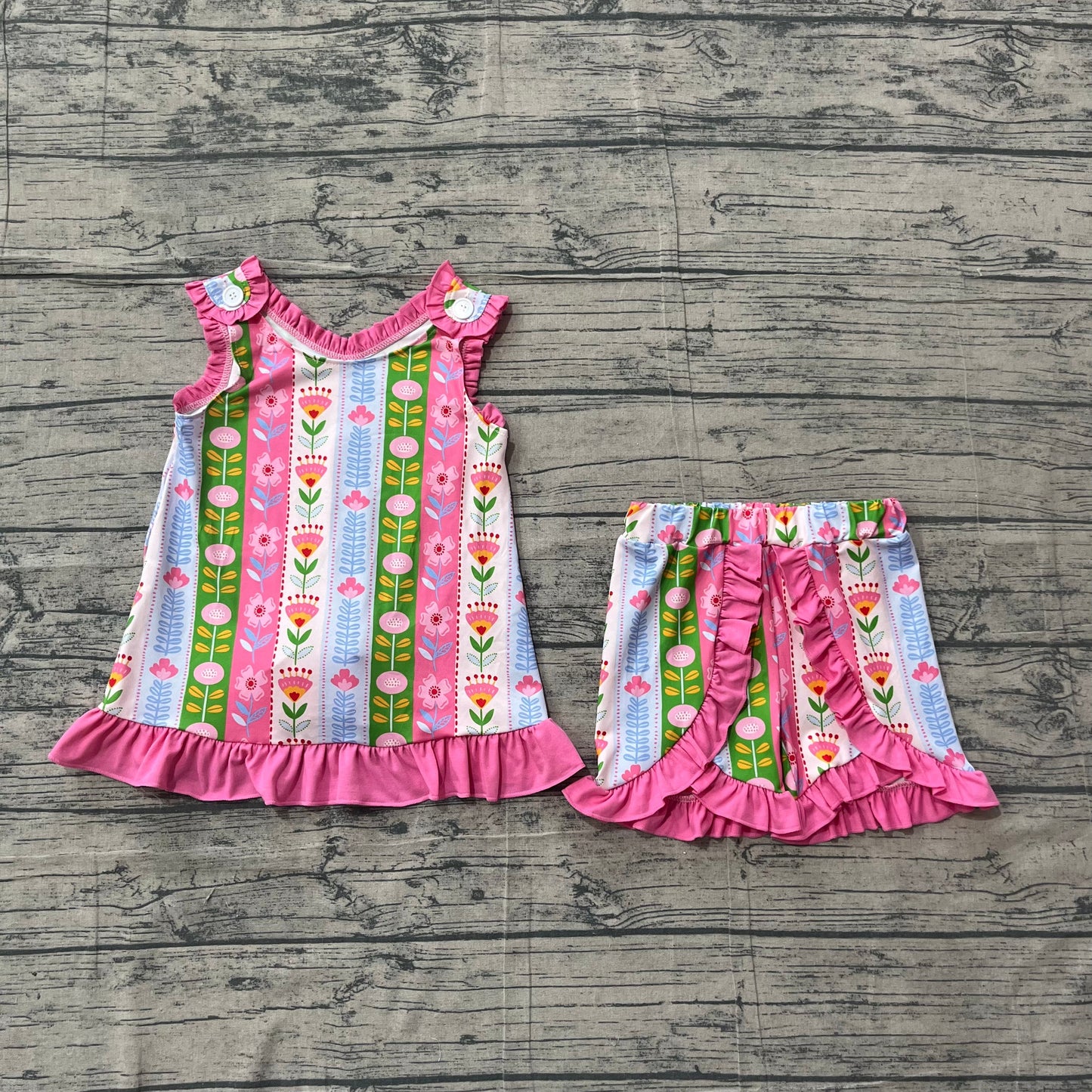 Preorder Baby Girl Kids Flower Pink Ruffle Tops Shorts Set Summer Clothes