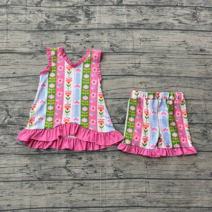 Preorder Baby Girl Kids Flower Pink Ruffle Tops Shorts Set Summer Clothes