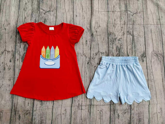 Preorder Baby Girls Kids Short Sleeves Pencil Red Shirt Scallop Shorts Back to School Set