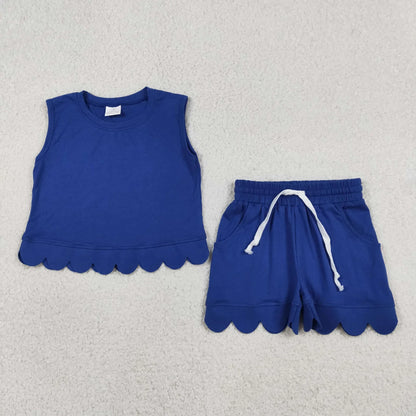 Sibling Baby Girls Kids Sleeveless Scallop Shirts Pockets Shorts Cotton Sets Clothes