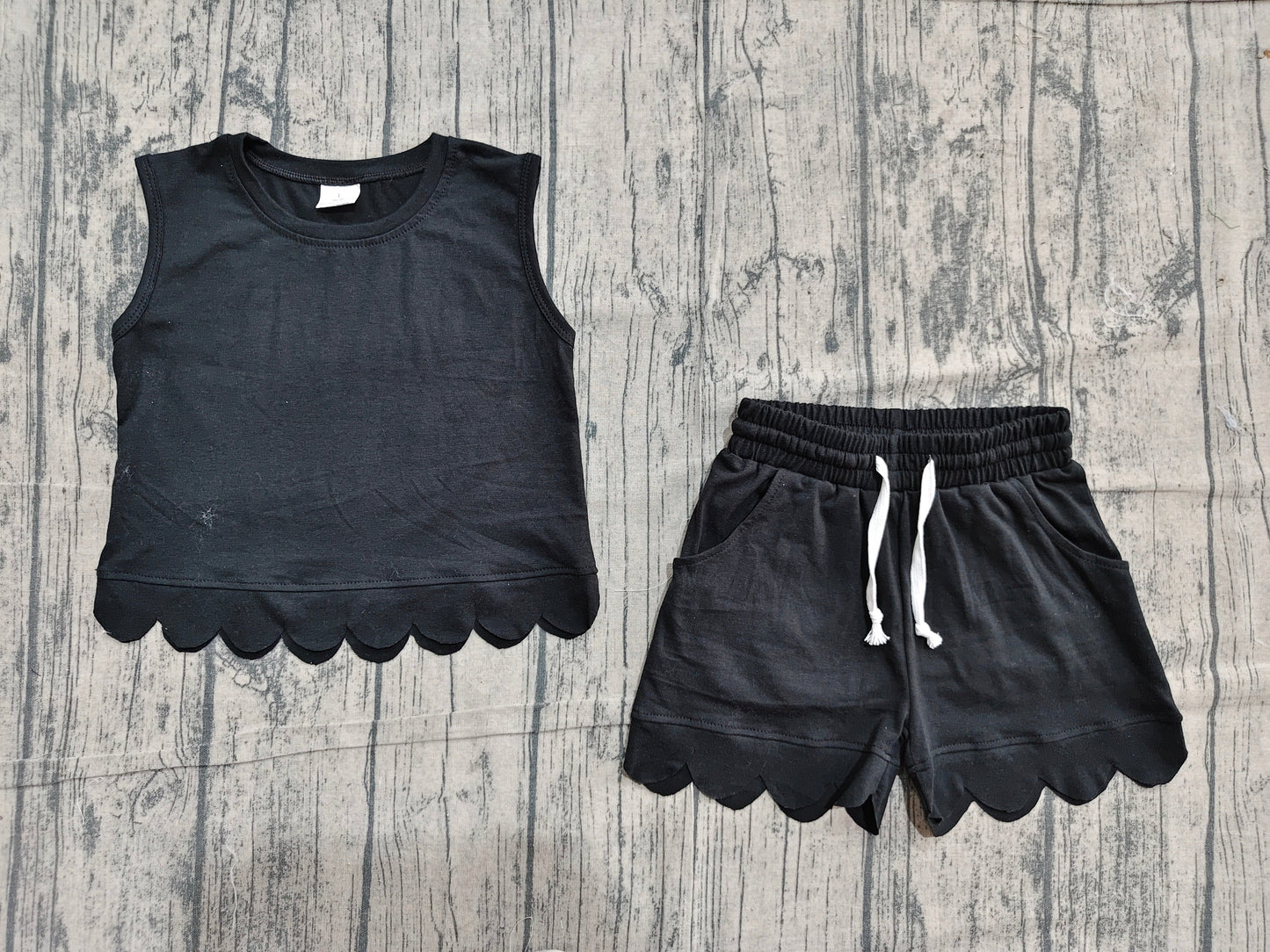 Preorder Baby Girls Kids Sleeveless Black Shirt Scallop Shorts Set Cotton Clothes
