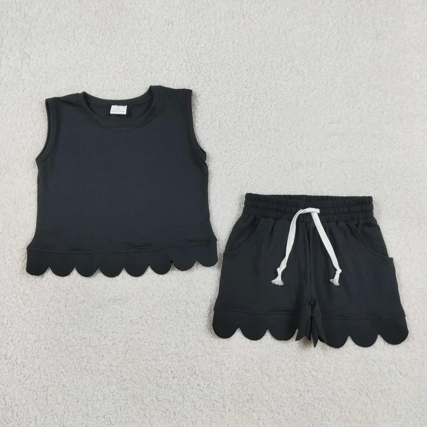 Sibling Baby Girls Kids Sleeveless Scallop Shirts Pockets Shorts Cotton Sets Clothes