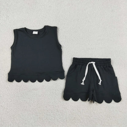 Sibling Baby Girls Kids Sleeveless Scallop Shirts Pockets Shorts Cotton Sets Clothes