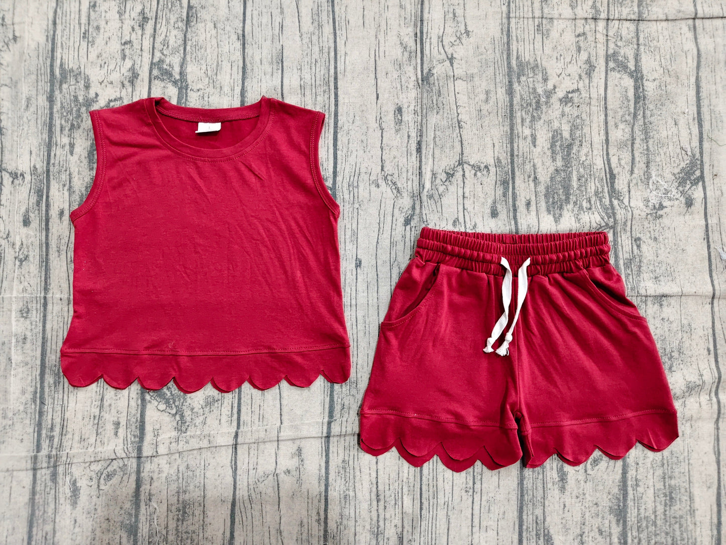 Preorder Baby Girls Kids Sleeveless Dark Red Shirt Scallop Shorts Set Cotton Clothes