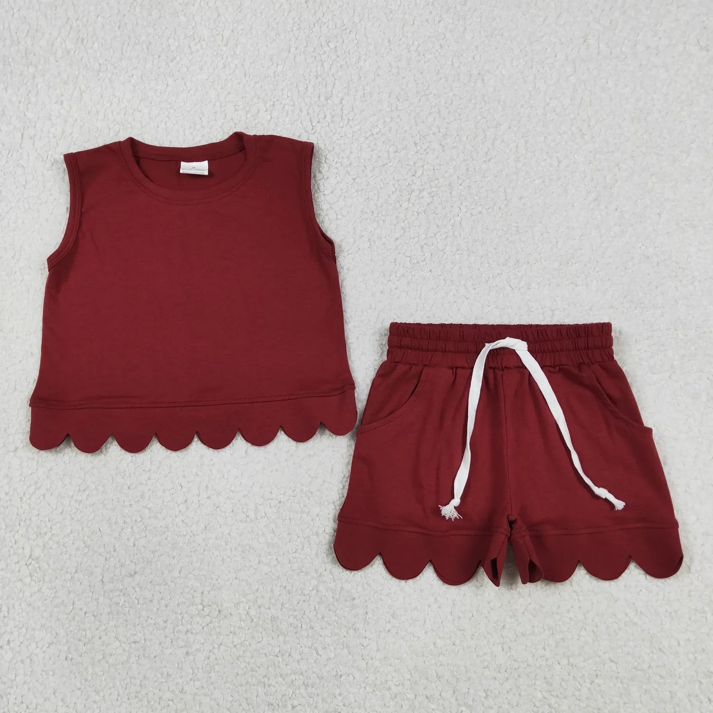 Sibling Baby Girls Kids Sleeveless Scallop Shirts Pockets Shorts Cotton Sets Clothes