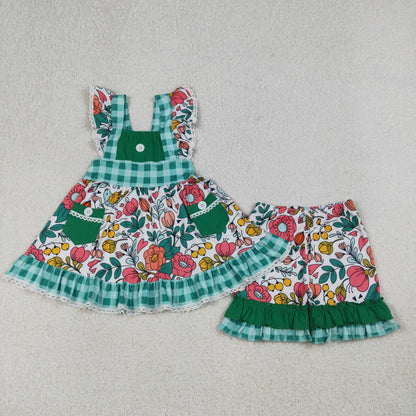 Baby Girls Kids Short Sleeves Flower Pockets Tunic Ruffle Shorts Set Clothes