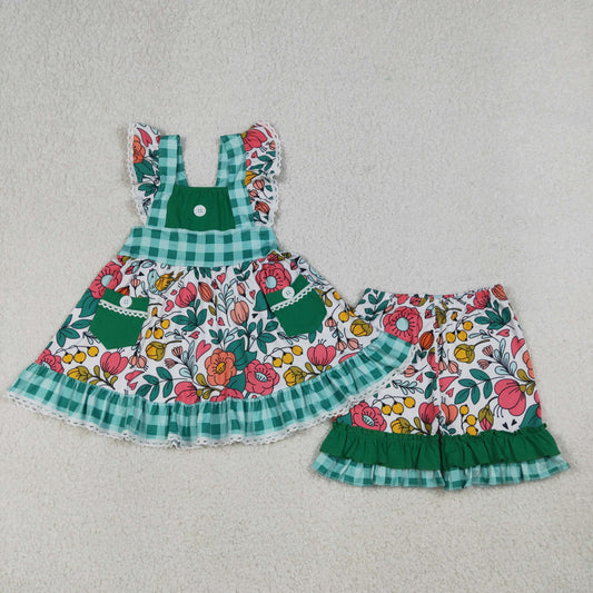 Baby Girls Kids Short Sleeves Flower Pockets Tunic Ruffle Shorts Set Clothes