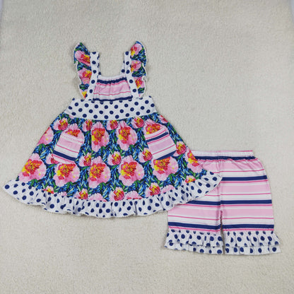 Baby Girls Kids Short Sleeves Flower Pockets Tunic Ruffle Stripes Shorts Set Clothes