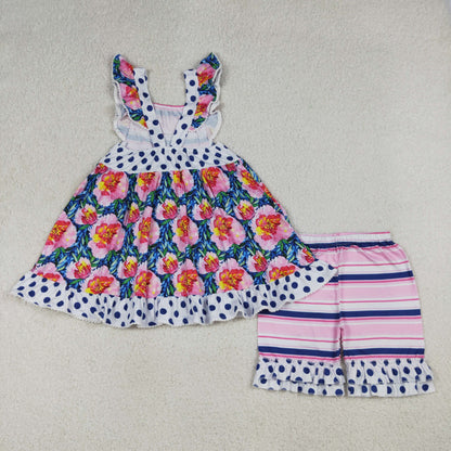 Baby Girls Kids Short Sleeves Flower Pockets Tunic Ruffle Stripes Shorts Set Clothes