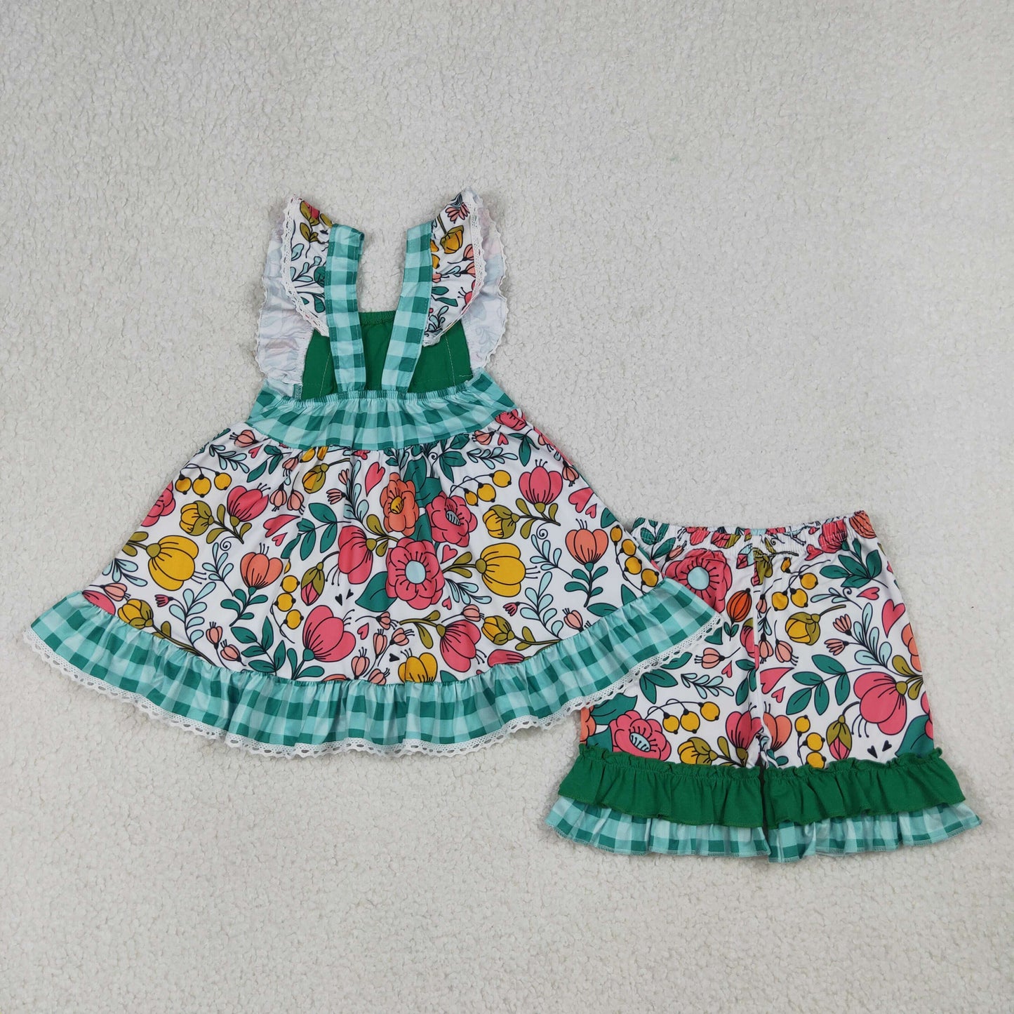 Baby Girls Kids Short Sleeves Flower Pockets Tunic Ruffle Shorts Set Clothes
