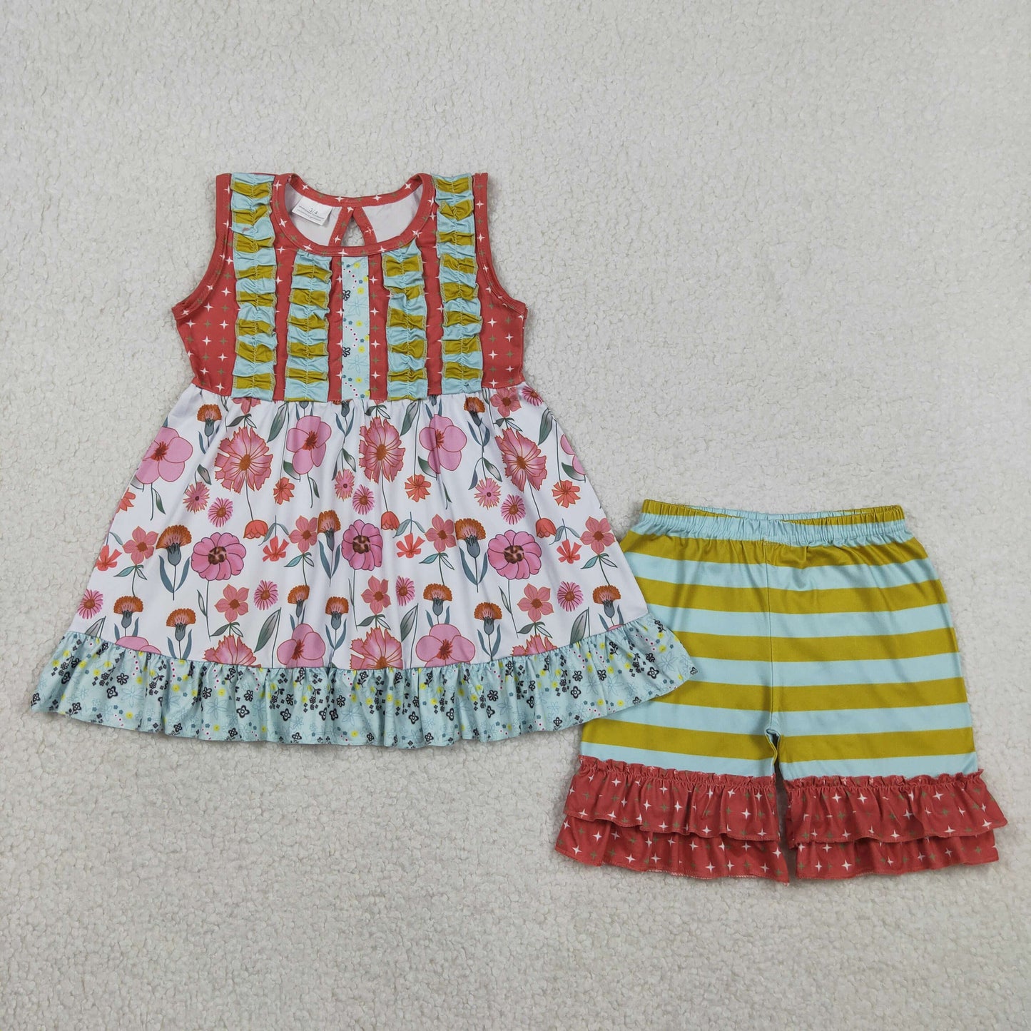 Baby Girls Kids Sleeveless Flower Tunic Stripes Ruffle Shorts Set Clothes