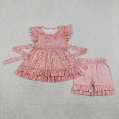 Baby Girls Kids Short Sleeves Flower Tunic Ruffle Shorts Set Summer Clothes