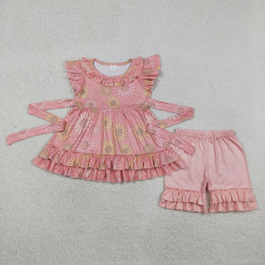 Baby Girls Kids Short Sleeves Flower Tunic Ruffle Shorts Set Summer Clothes