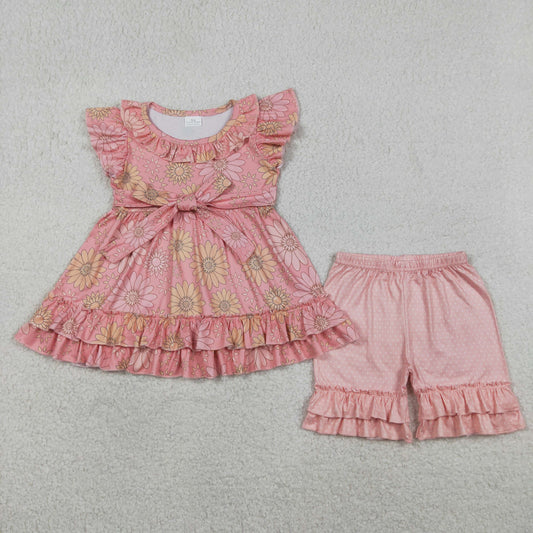 Baby Girls Kids Short Sleeves Flower Tunic Ruffle Shorts Set Summer Clothes