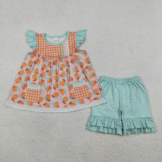 Baby Girls Kids Short Sleeves Peach Pockets Tunic Dots Ruffle Shorts Set Clothes