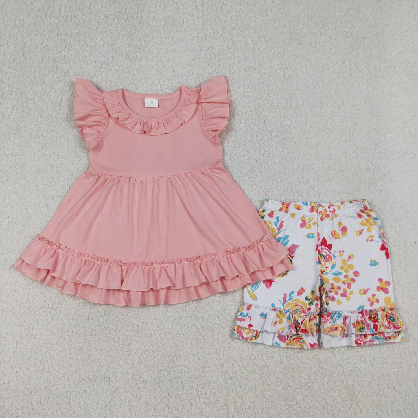 Baby Girls Kids Short Sleeves Pink Cotton Tunic Flower Ruffle Shorts Set Clothes