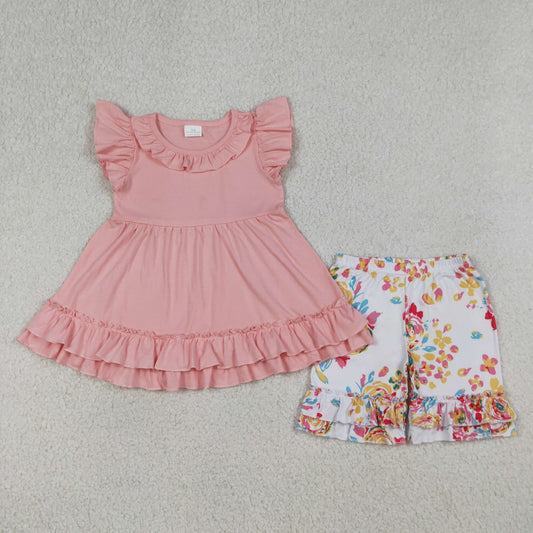 Baby Girls Kids Short Sleeves Pink Cotton Tunic Flower Ruffle Shorts Set Clothes