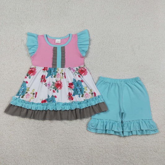 Baby Girls Kids Short Sleeves Flower Tunic Blue Ruffle Shorts Set Clothes