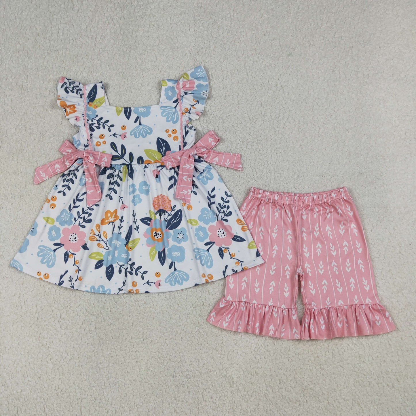 Baby Girls Kids Short Sleeves Flower Bows Tunic Ruffle Shorts Set Clothes