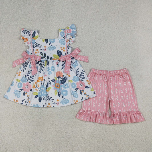 Baby Girls Kids Short Sleeves Flower Bows Tunic Ruffle Shorts Set Clothes