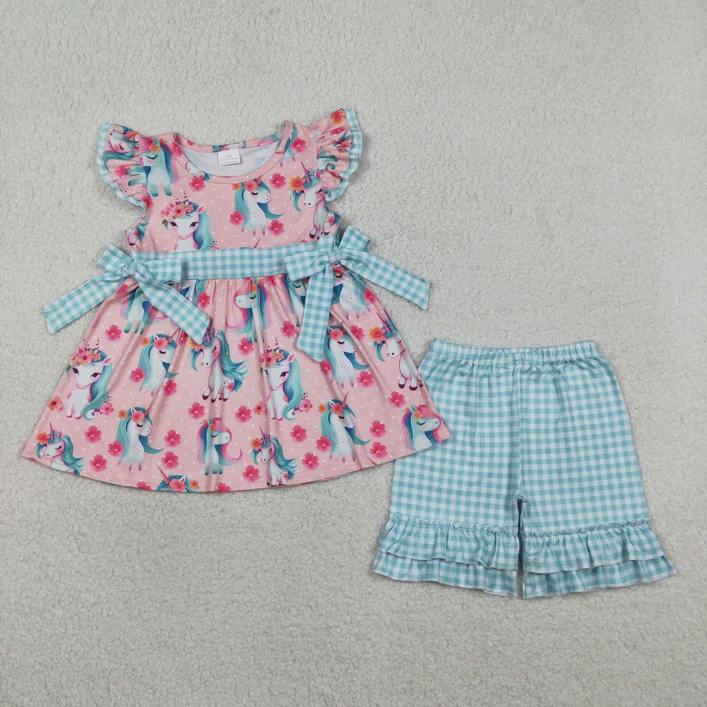 Baby Girls Toddler Short Sleeves Flower Horses Tunic Ruffle Shorts Set Clothes
