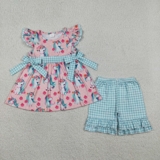 Baby Girls Toddler Short Sleeves Flower Horses Tunic Ruffle Shorts Set Clothes