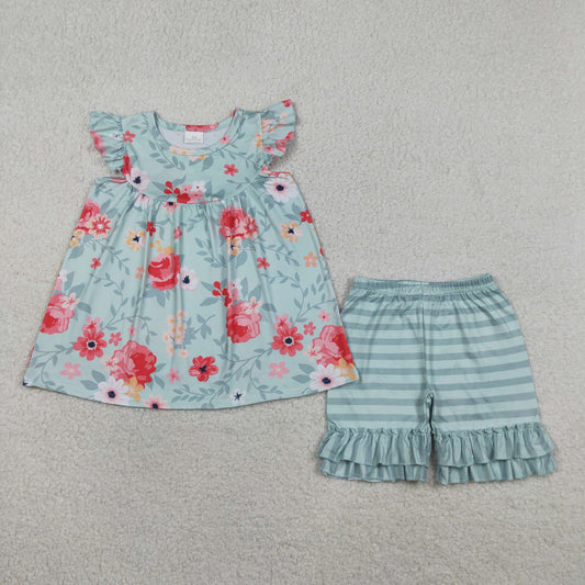 Baby Girls Toddler Short Sleeves Flower Tunic Green Stripes Ruffle Shorts Set Clothes