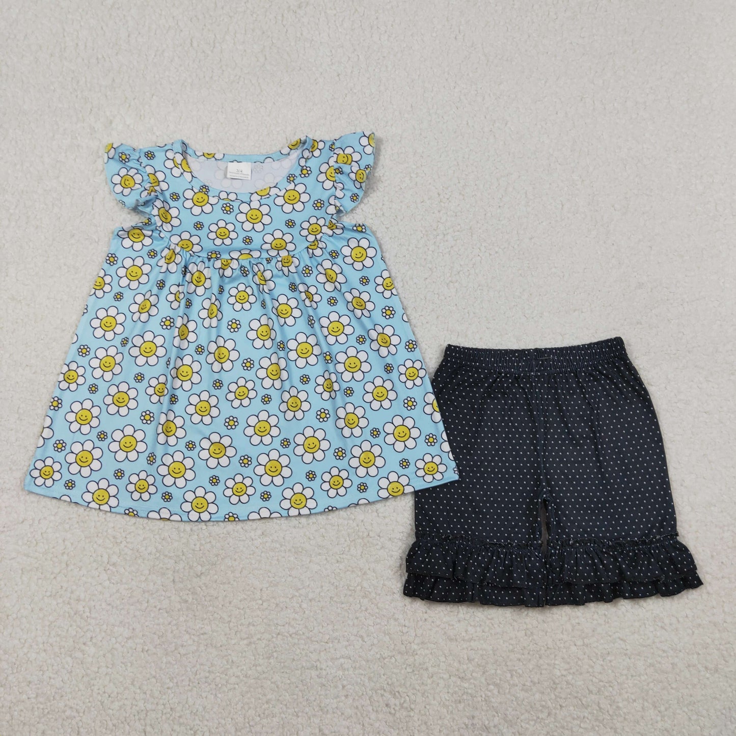 Baby Girls Kids Short Sleeve Smile Flower Tunic Dots Ruffle Black Shorts Set Clothes