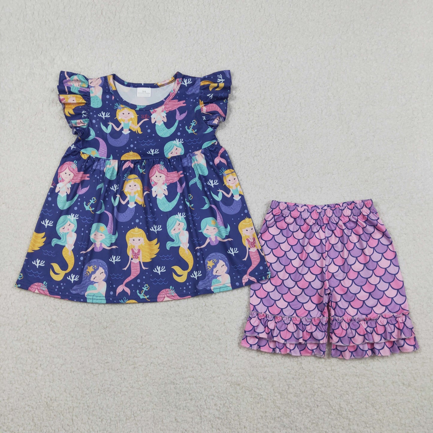 Baby Girls Kids Short Sleeves Mermaid Tunic Ruffle Shorts Set Purple Clothes