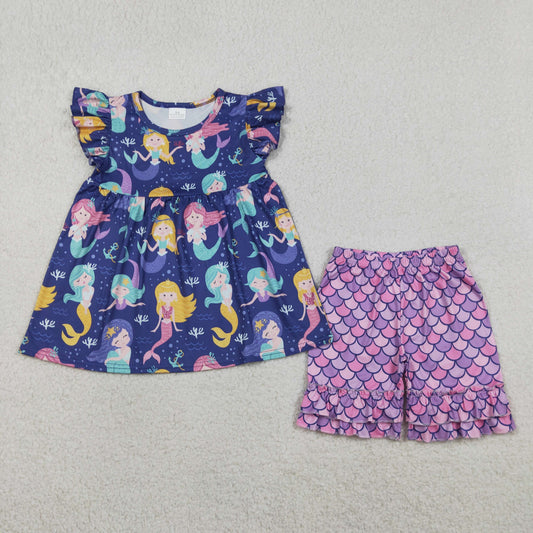 Baby Girls Kids Short Sleeves Mermaid Tunic Ruffle Shorts Set Purple Clothes