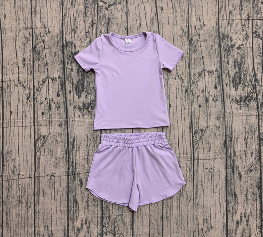 Preorder Baby Girls Kids Short Sleeves Lavender Shirt Skirt Shorts Yoga Active Set Clothes