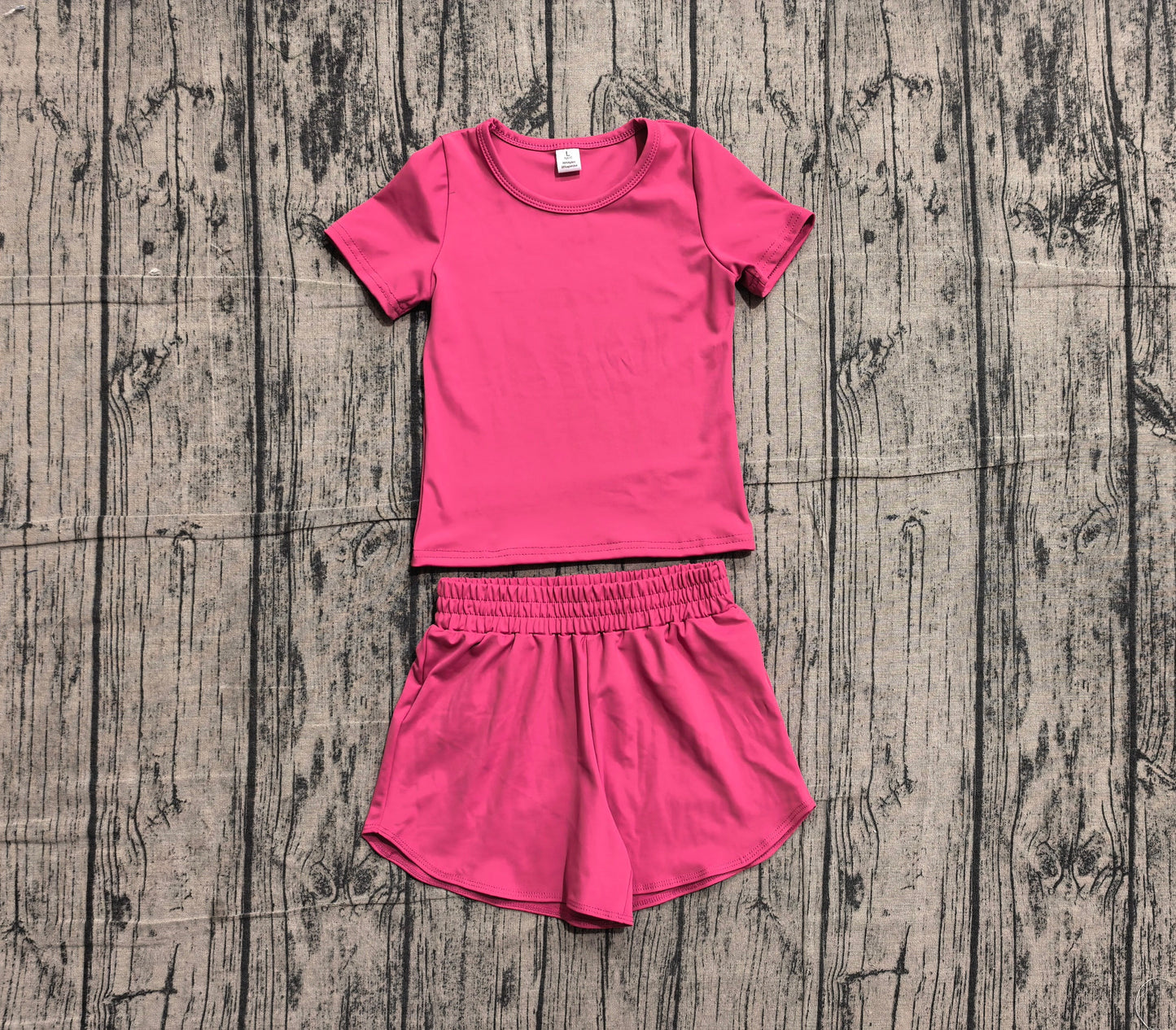 Preorder Baby Girls Kids Short Sleeves Hot Pink Shirt Skirt Shorts Yoga Active Set Clothes